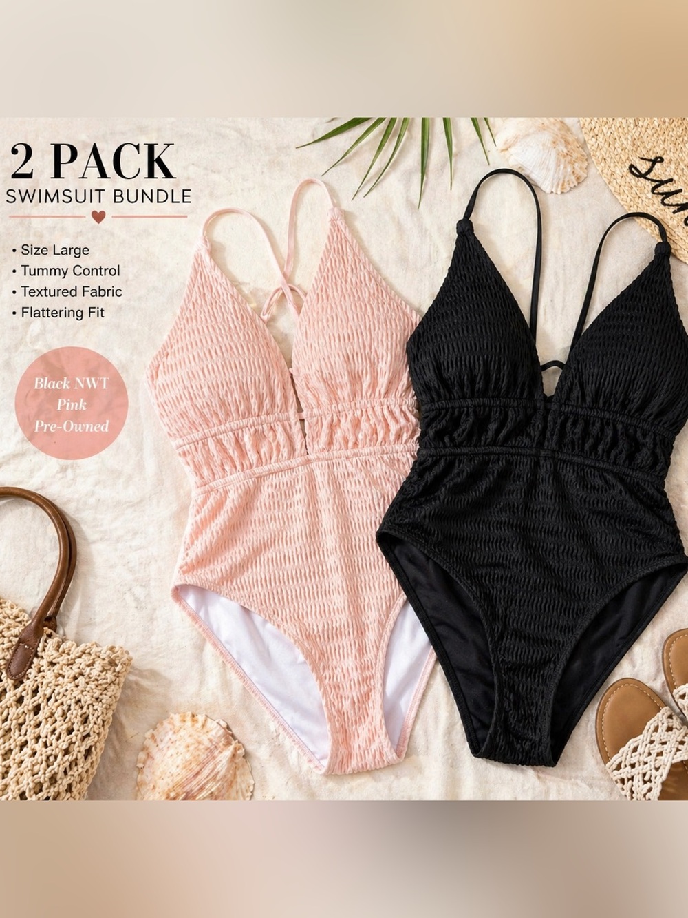 SHEIN Pink and Black Textured One-Piece Swimsuits - 2 Pack